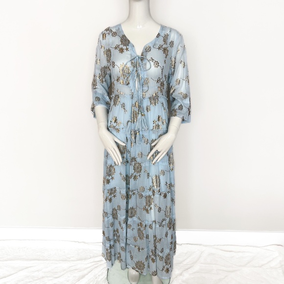 NWT | Sunny Studio French Designer Cotton Tiered Maxi Summer Dress Sky Blue Gold - Picture 5 of 14